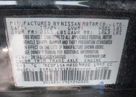 2025 Nissan Sentra Sv z USA, uszkodzony, nr VIN 3N1AB8CV9SY240020